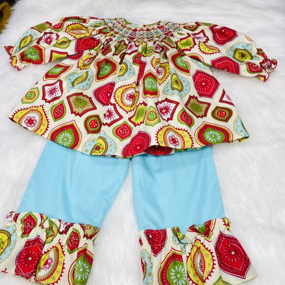 Le Za Me Funky Winter Print Smocked Top + Ruffle Pants Matching Set Outfit 24m - Picture 5 of 7